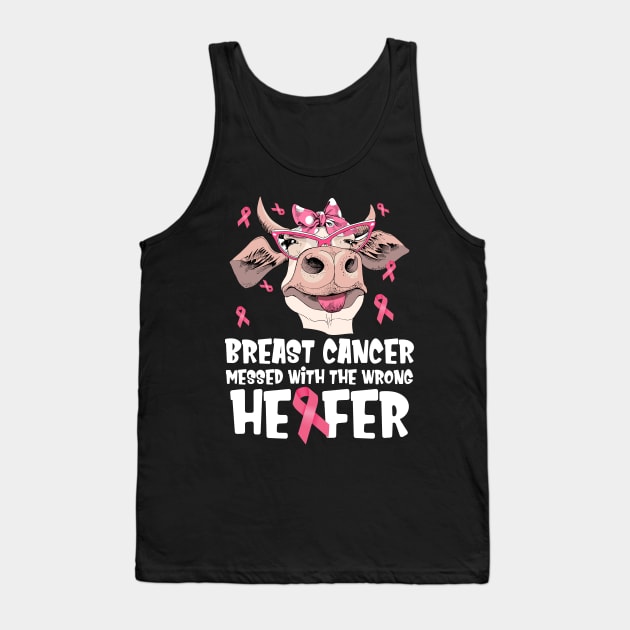 In October We Wear Pink Ribbon Cute Cow  Breast Cancer Month Tank Top by Gendon Design